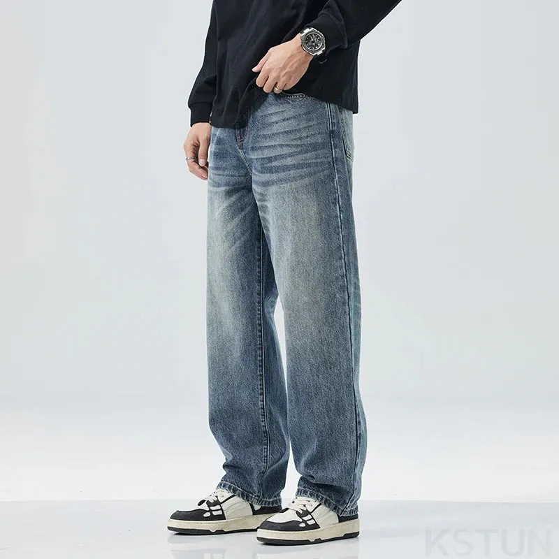 2024 Autumn Loose Jeans Men Baggy Pants Wide Leg Straight Men's Trousers Light Blue Fashion Pockets Deisnger Clothing Streetwear