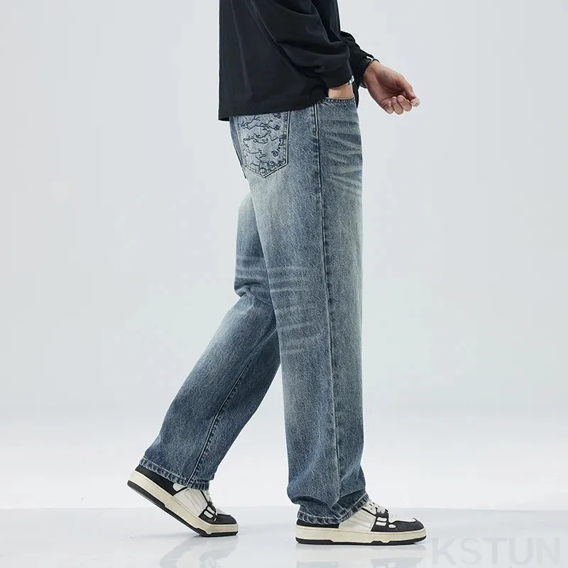 2024 Autumn Loose Jeans Men Baggy Pants Wide Leg Straight Men's Trousers Light Blue Fashion Pockets Deisnger Clothing Streetwear
