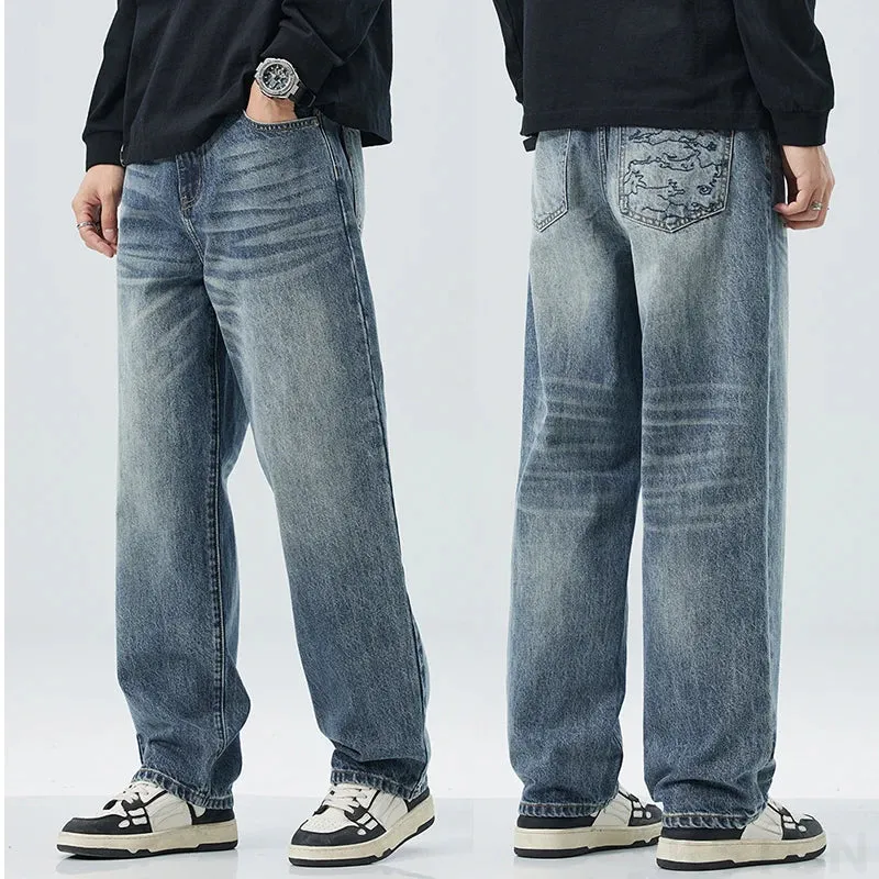 2024 Autumn Loose Jeans Men Baggy Pants Wide Leg Straight Men's Trousers Light Blue Fashion Pockets Deisnger Clothing Streetwear