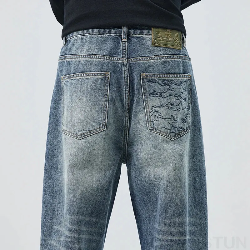 2024 Autumn Loose Jeans Men Baggy Pants Wide Leg Straight Men's Trousers Light Blue Fashion Pockets Deisnger Clothing Streetwear