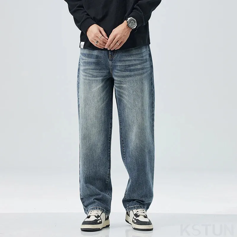 2024 Autumn Loose Jeans Men Baggy Pants Wide Leg Straight Men's Trousers Light Blue Fashion Pockets Deisnger Clothing Streetwear