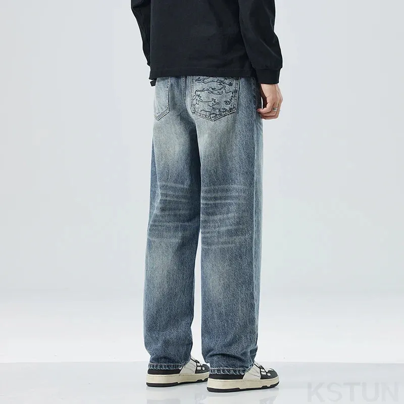 2024 Autumn Loose Jeans Men Baggy Pants Wide Leg Straight Men's Trousers Light Blue Fashion Pockets Deisnger Clothing Streetwear