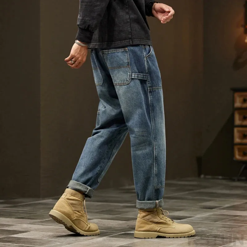 2024 Cargo Jeans Men Harem Pants Loose Baggy Pants Blue Patched Fashion Designer Pockets Trousers Oversized Tapered Streetwear
