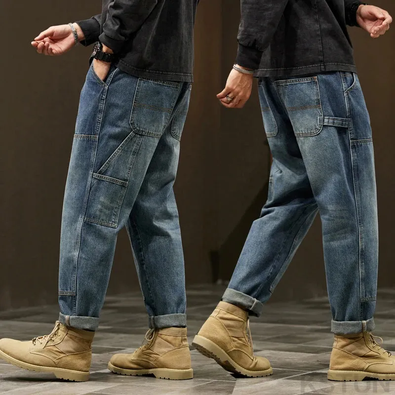 2024 Cargo Jeans Men Harem Pants Loose Baggy Pants Blue Patched Fashion Designer Pockets Trousers Oversized Tapered Streetwear