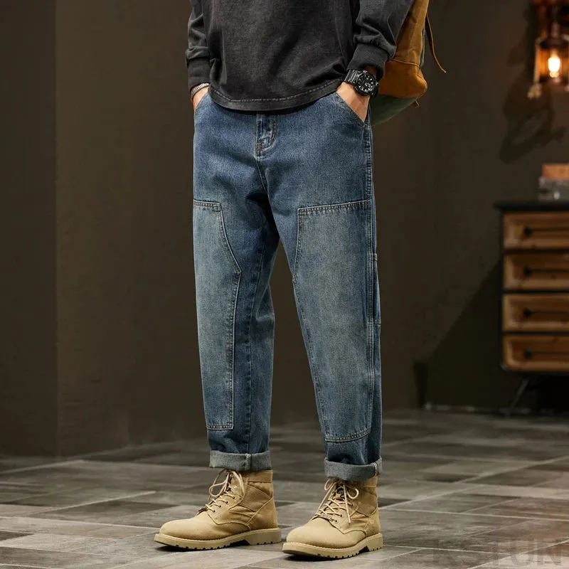 2024 Cargo Jeans Men Harem Pants Loose Baggy Pants Blue Patched Fashion Designer Pockets Trousers Oversized Tapered Streetwear