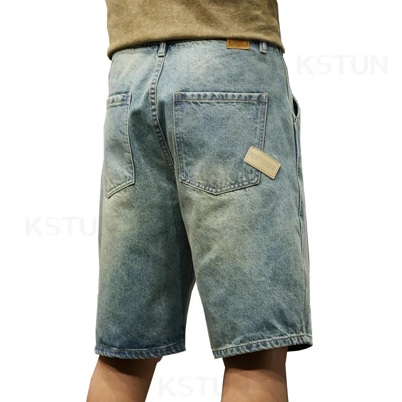 2024 Summer Denim Shorts Men Jeans Loose Fit Wide Leg Knee Length Pants Baggy Jeans Oversized Retro Blue Vintage Casual Large 42
