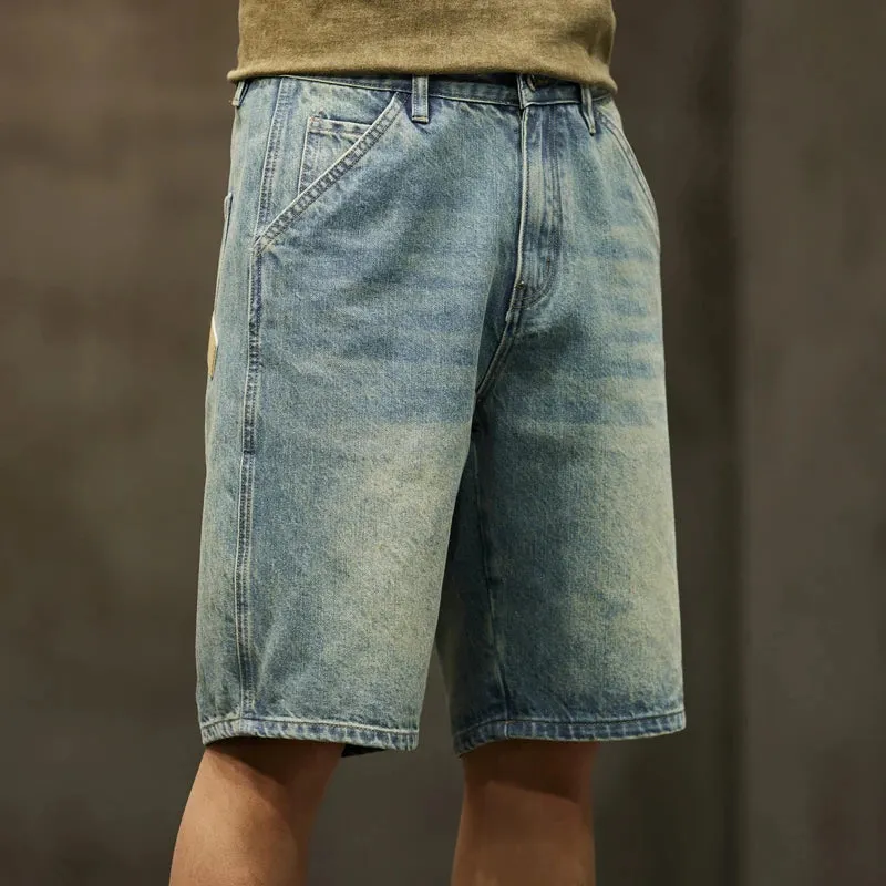 2024 Summer Denim Shorts Men Jeans Loose Fit Wide Leg Knee Length Pants Baggy Jeans Oversized Retro Blue Vintage Casual Large 42