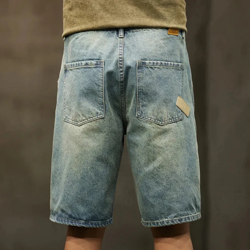 2024 Summer Denim Shorts Men Jeans Loose Fit Wide Leg Knee Length Pants Baggy Jeans Oversized Retro Blue Vintage Casual Large 42