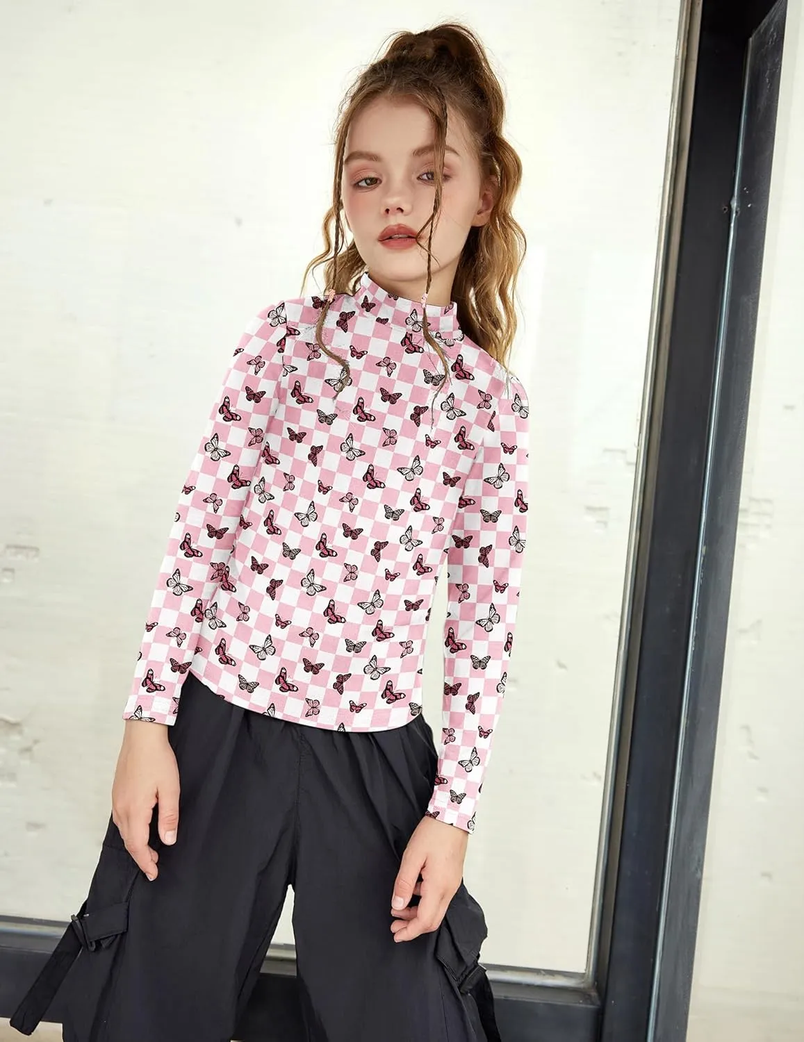 Arshiner Girls Long Sleeve Mock Turtleneck Shirts Slim Fit Casual Layer Top