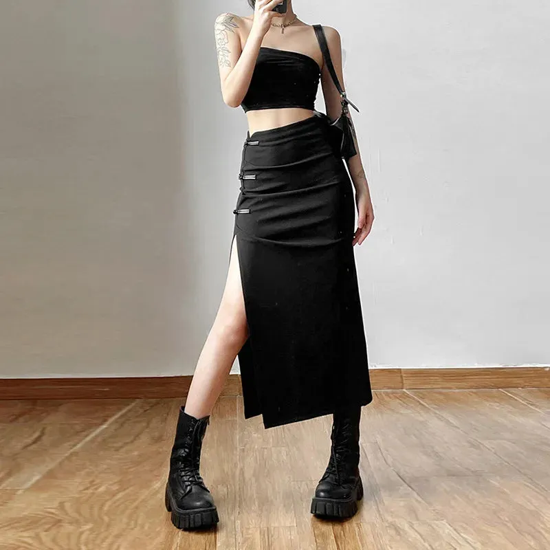 Black Split Casual Streetwear Skirt – Effortless Chic