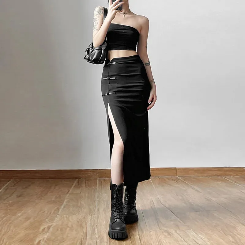 Black Split Casual Streetwear Skirt – Effortless Chic