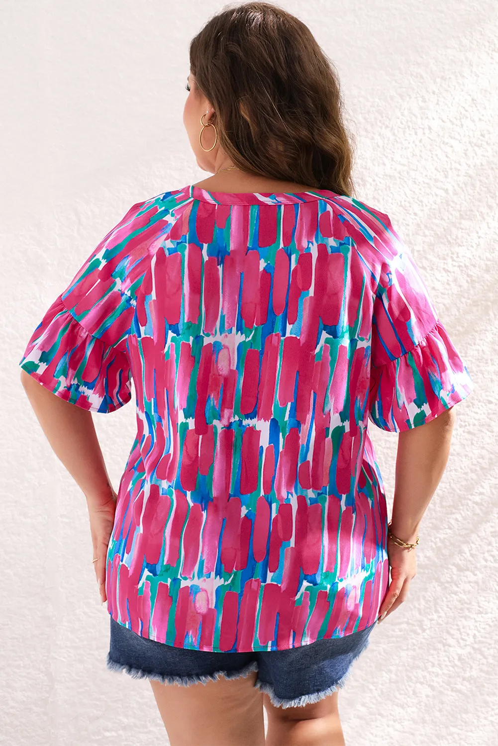 Brushstroke Ruffle Sleeve Button V Neck Blouse