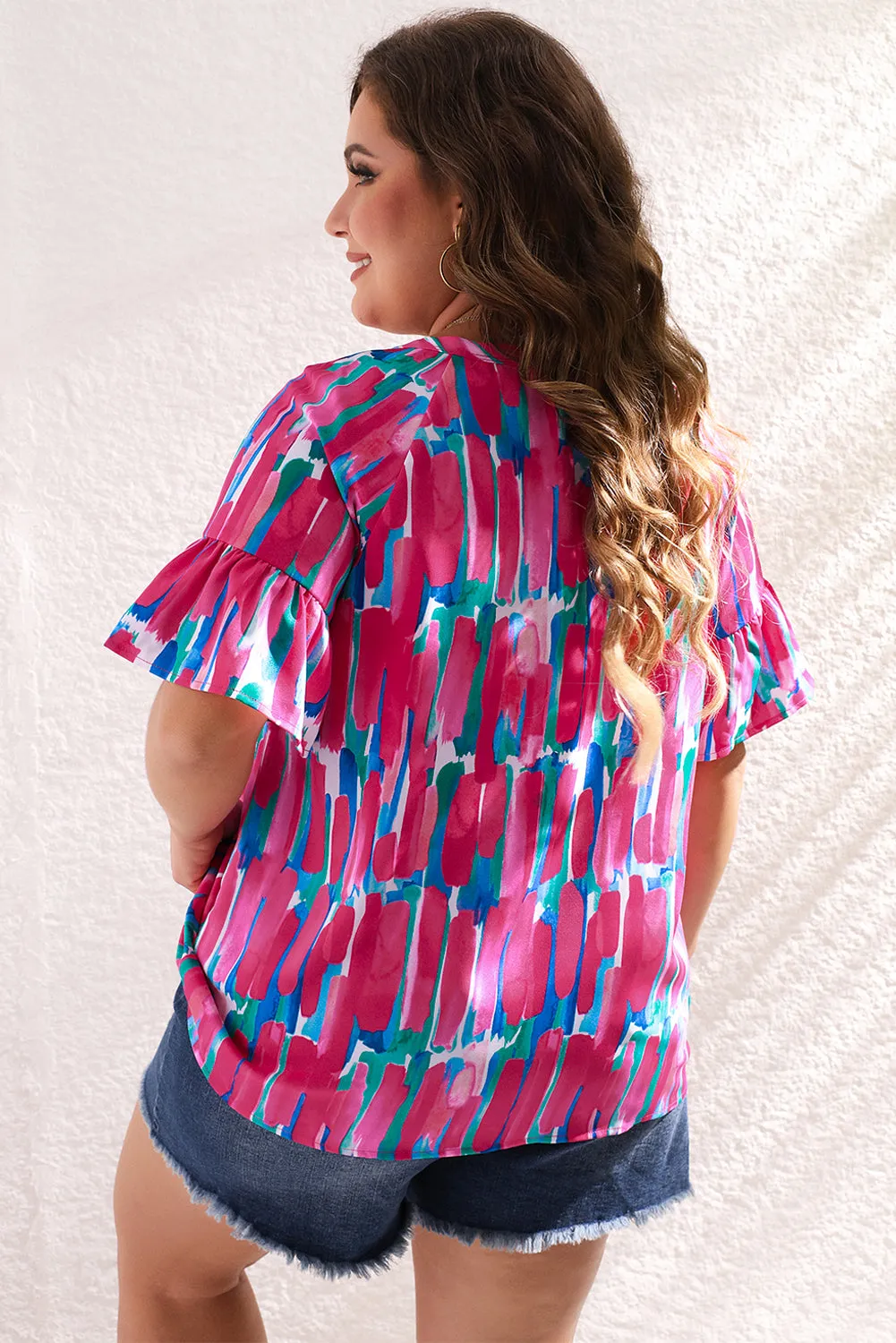 Brushstroke Ruffle Sleeve Button V Neck Blouse