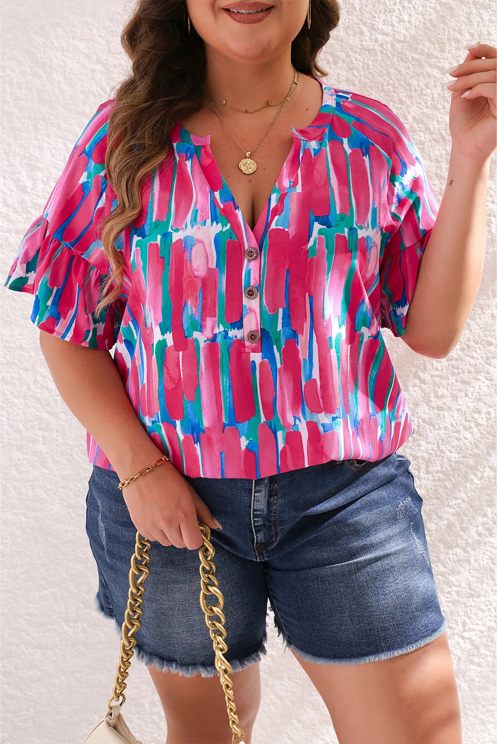 Brushstroke Ruffle Sleeve Button V Neck Blouse
