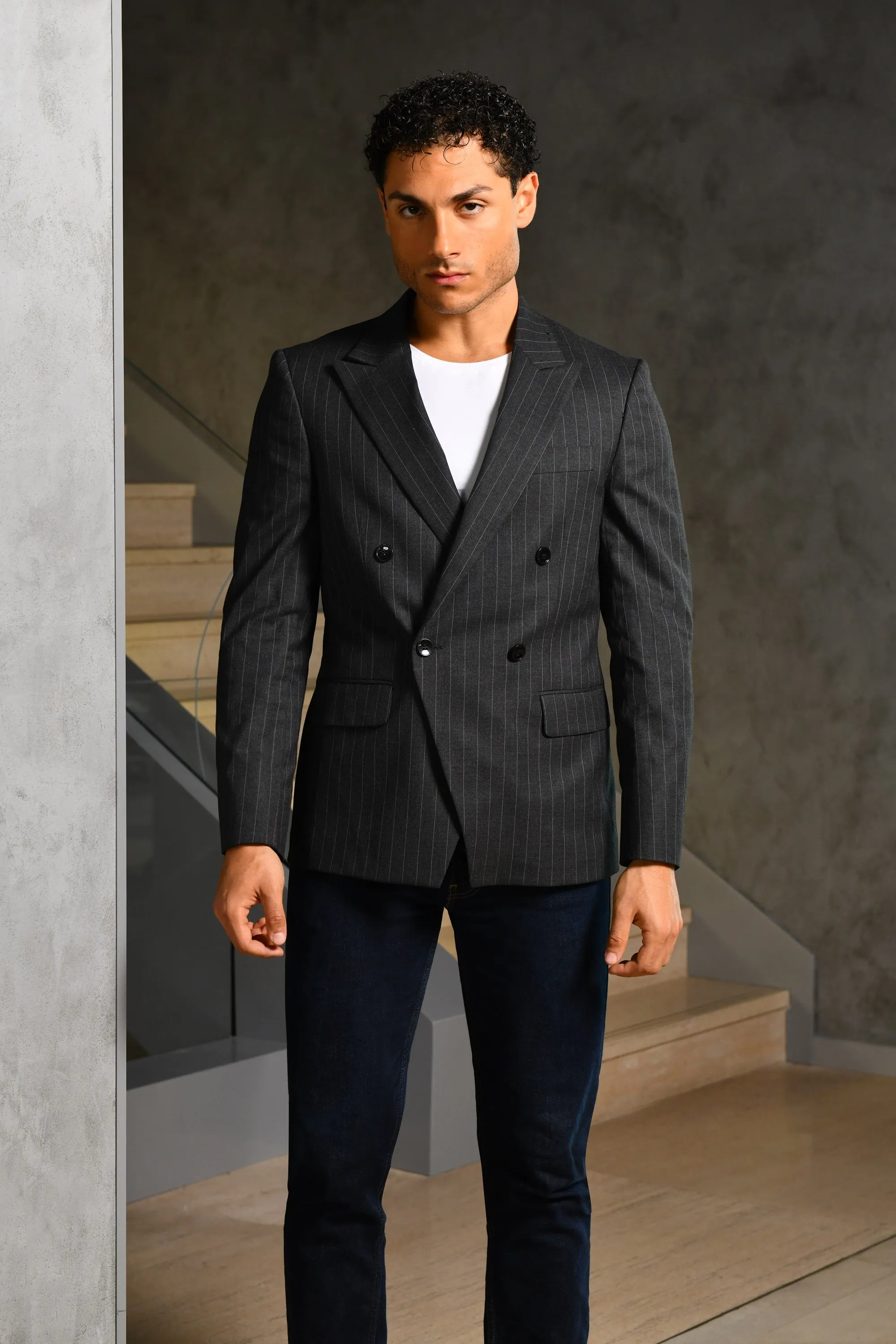 Charcoal Pinstripe Double-Breasted Blazer – V-Cut Online UAE