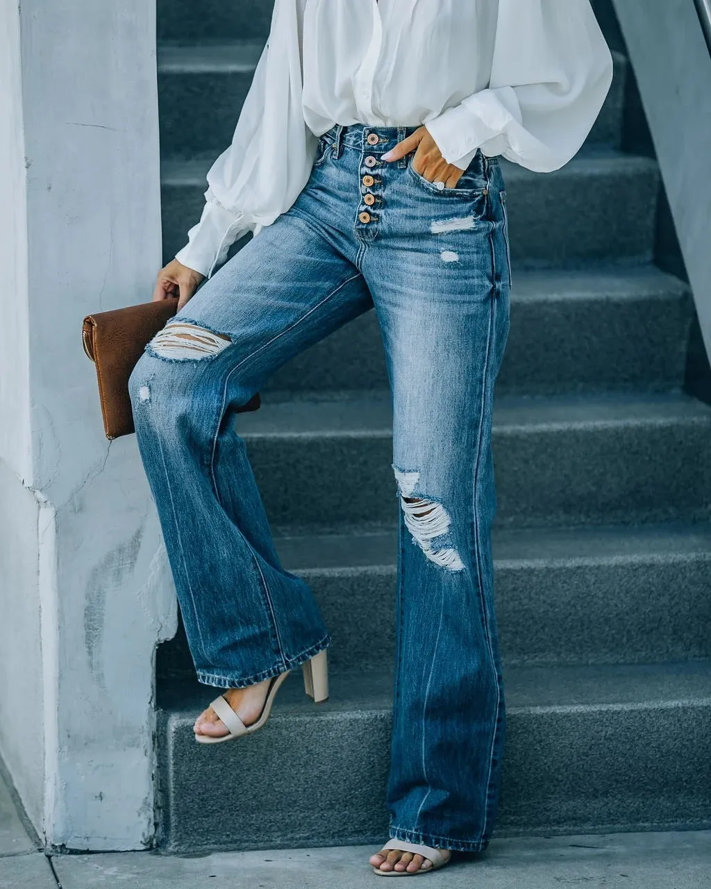 Fashion Water Washed Hole Single-Breasted Jeans