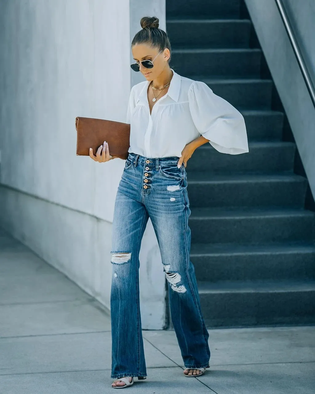 Fashion Water Washed Hole Single-Breasted Jeans