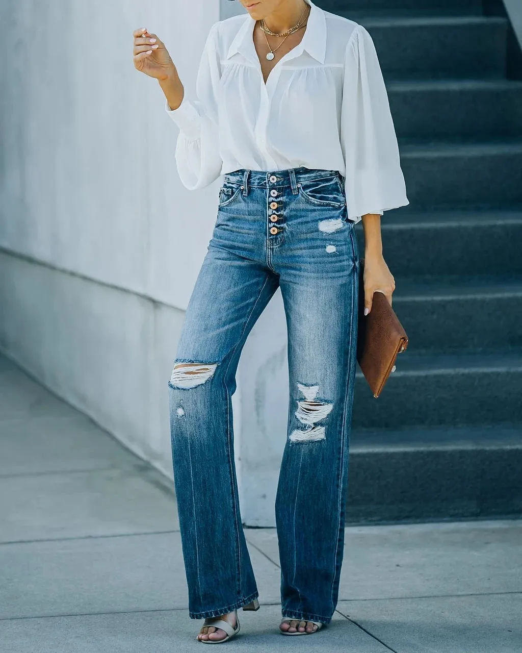 Fashion Water Washed Hole Single-Breasted Jeans
