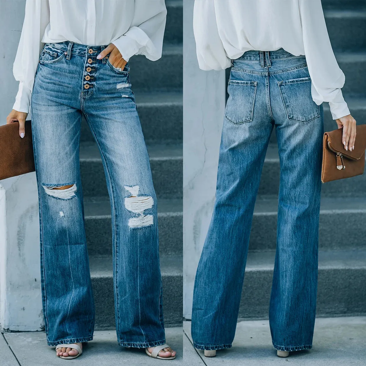 Fashion Water Washed Hole Single-Breasted Jeans