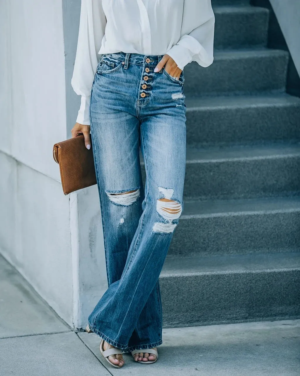 Fashion Water Washed Hole Single-Breasted Jeans