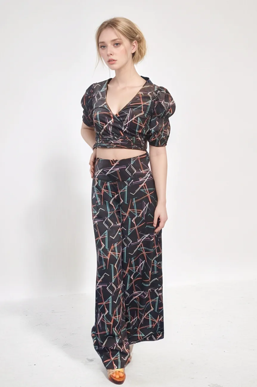 Geometric Print Puff Sleeve Crop Top and Wide-Leg Pants Co-Ord Set