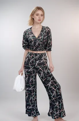 Geometric Print Puff Sleeve Crop Top and Wide-Leg Pants Co-Ord Set