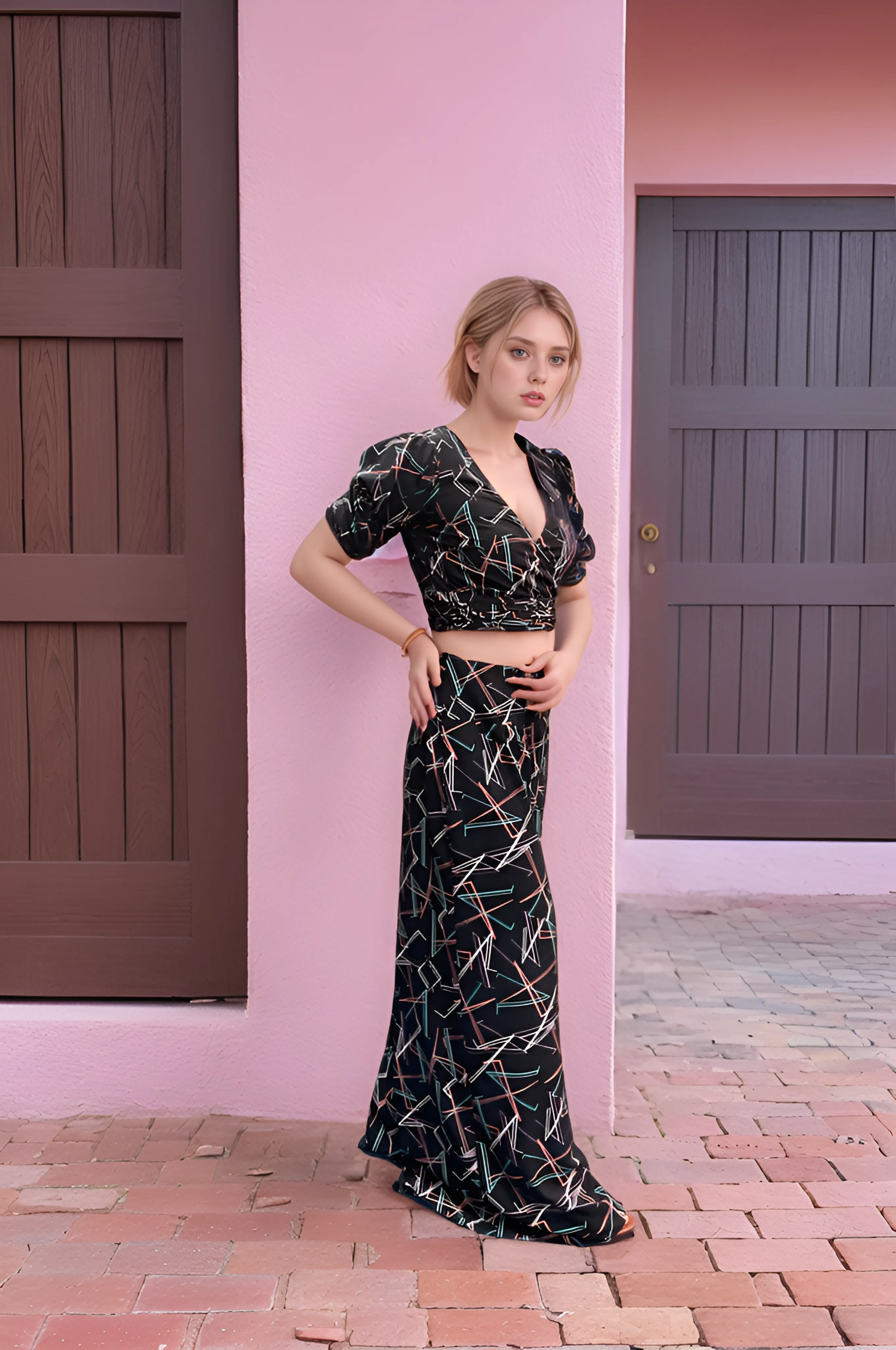 Geometric Print Puff Sleeve Crop Top and Wide-Leg Pants Co-Ord Set