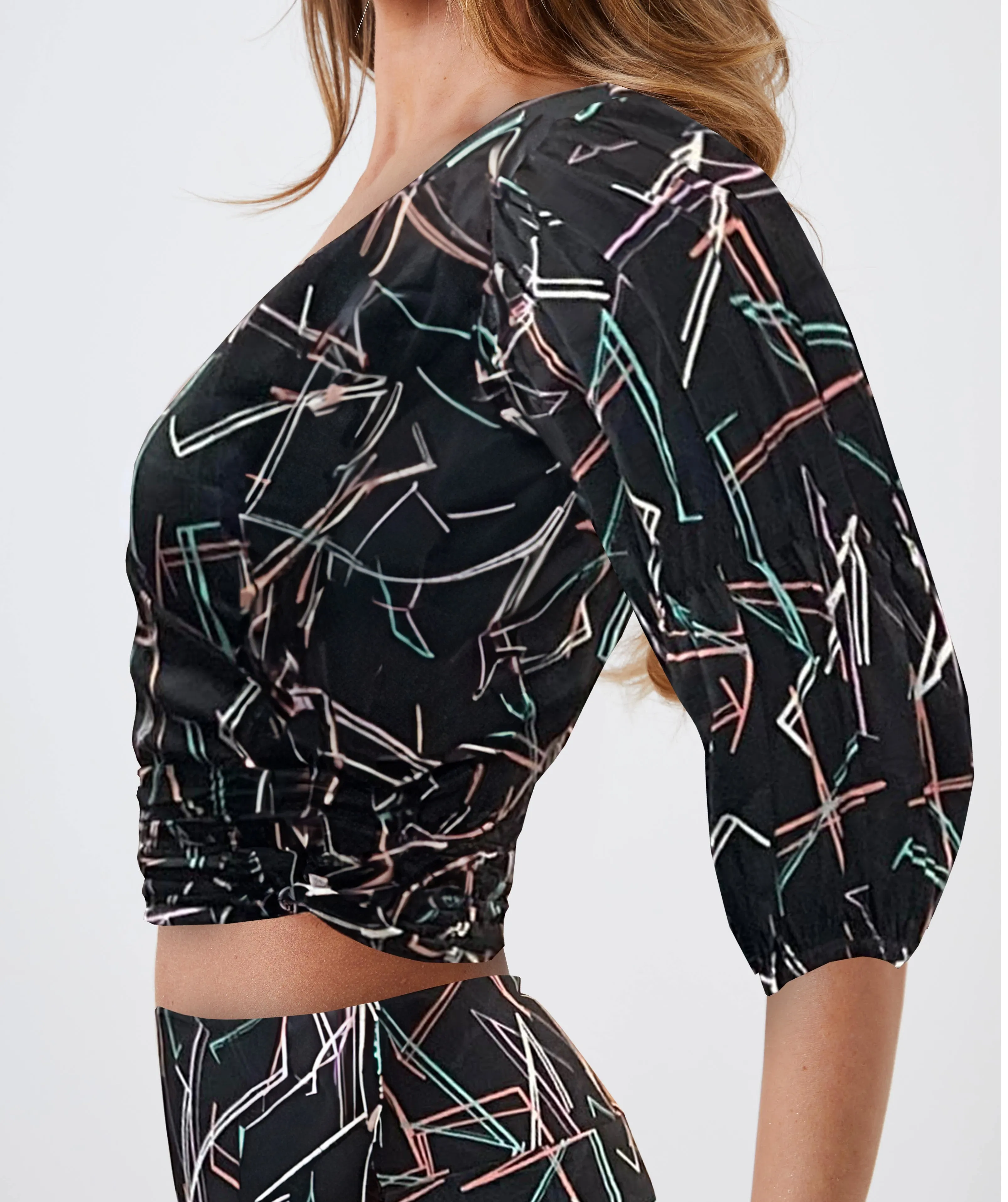 Geometric Print Puff Sleeve Crop Top and Wide-Leg Pants Co-Ord Set