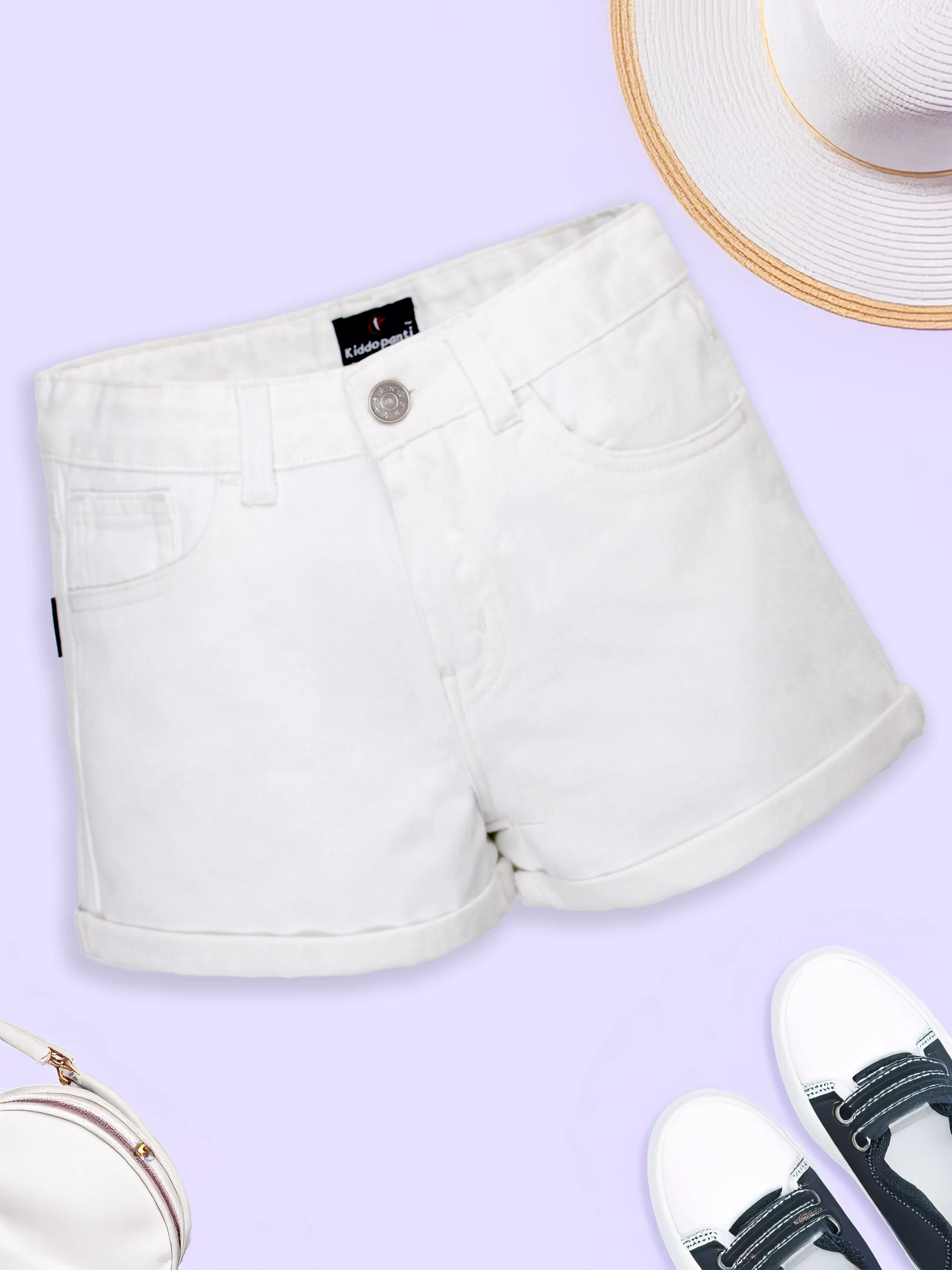 Girls Rollup Denim Shorts with Button Elasticated Waistband