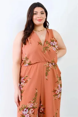 Junior Plus Caramel Flower Print Wrap V-Neck Back Self-Tie Detail Sleeveless Jumpsuit /2-4