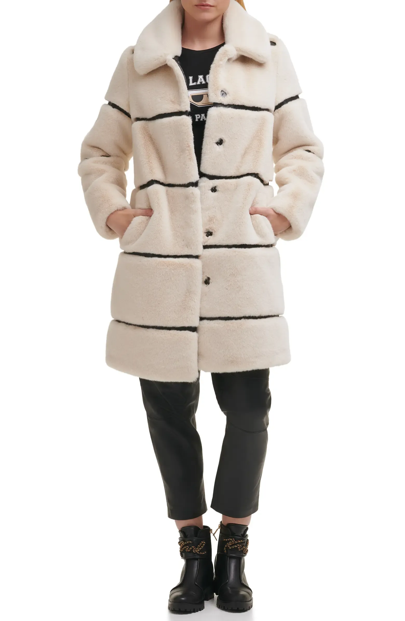 Karl Lagerfeld Paris Paneled Faux Fur Coat - Oyster