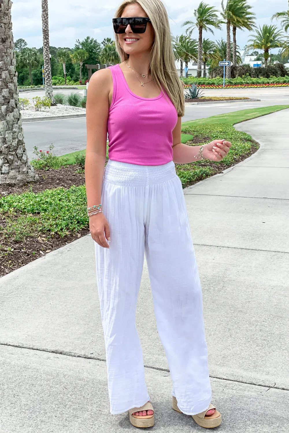 Lotus & Luna: White Wide Leg Cotton Pants