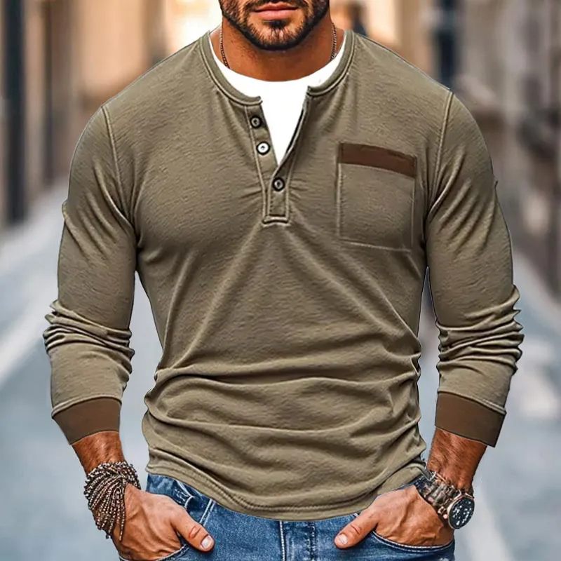 Men's Casual Color Matching Fake Two-Piece Double-Layer V-Neck Long-Sleeved T-Shirt 32339922Y