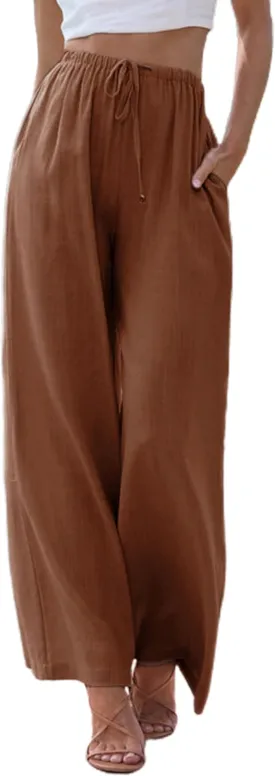 NEW Tanming Wide Leg Linen Pants for Women Summer Flowy High Waisted Beach Palazzo Trousers, 100% Linen, Brown, Sz M