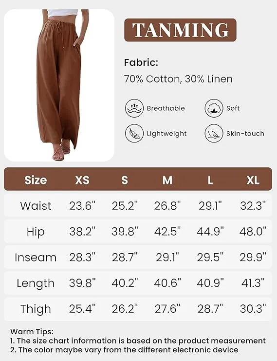 NEW Tanming Wide Leg Linen Pants for Women Summer Flowy High Waisted Beach Palazzo Trousers, 100% Linen, Brown, Sz M