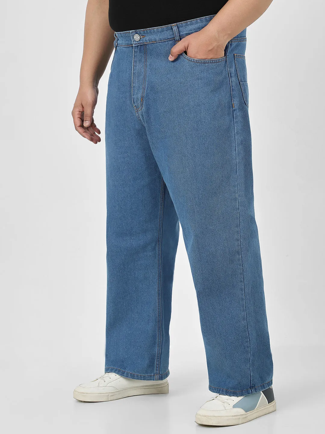 Plus Men's Light Blue Loose Baggy Fit Washed Jeans Non-Stretchable