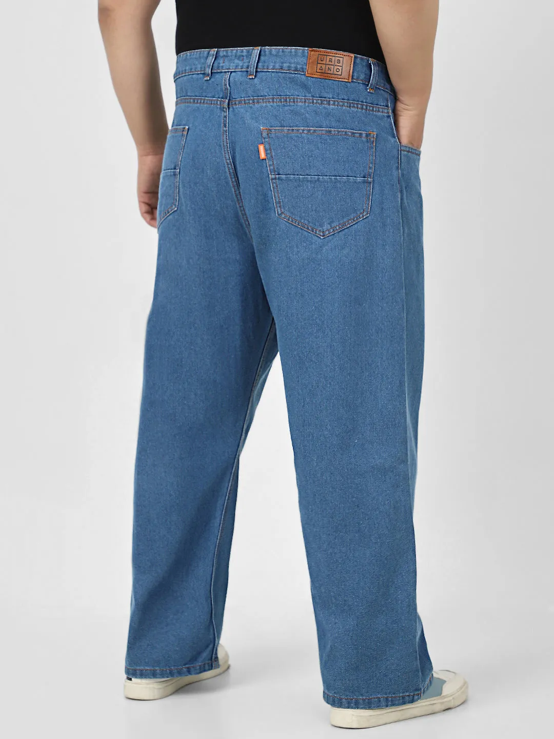 Plus Men's Light Blue Loose Baggy Fit Washed Jeans Non-Stretchable