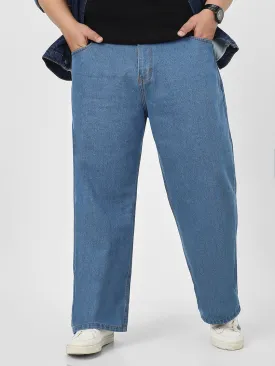Plus Men's Light Blue Loose Baggy Fit Washed Jeans Non-Stretchable