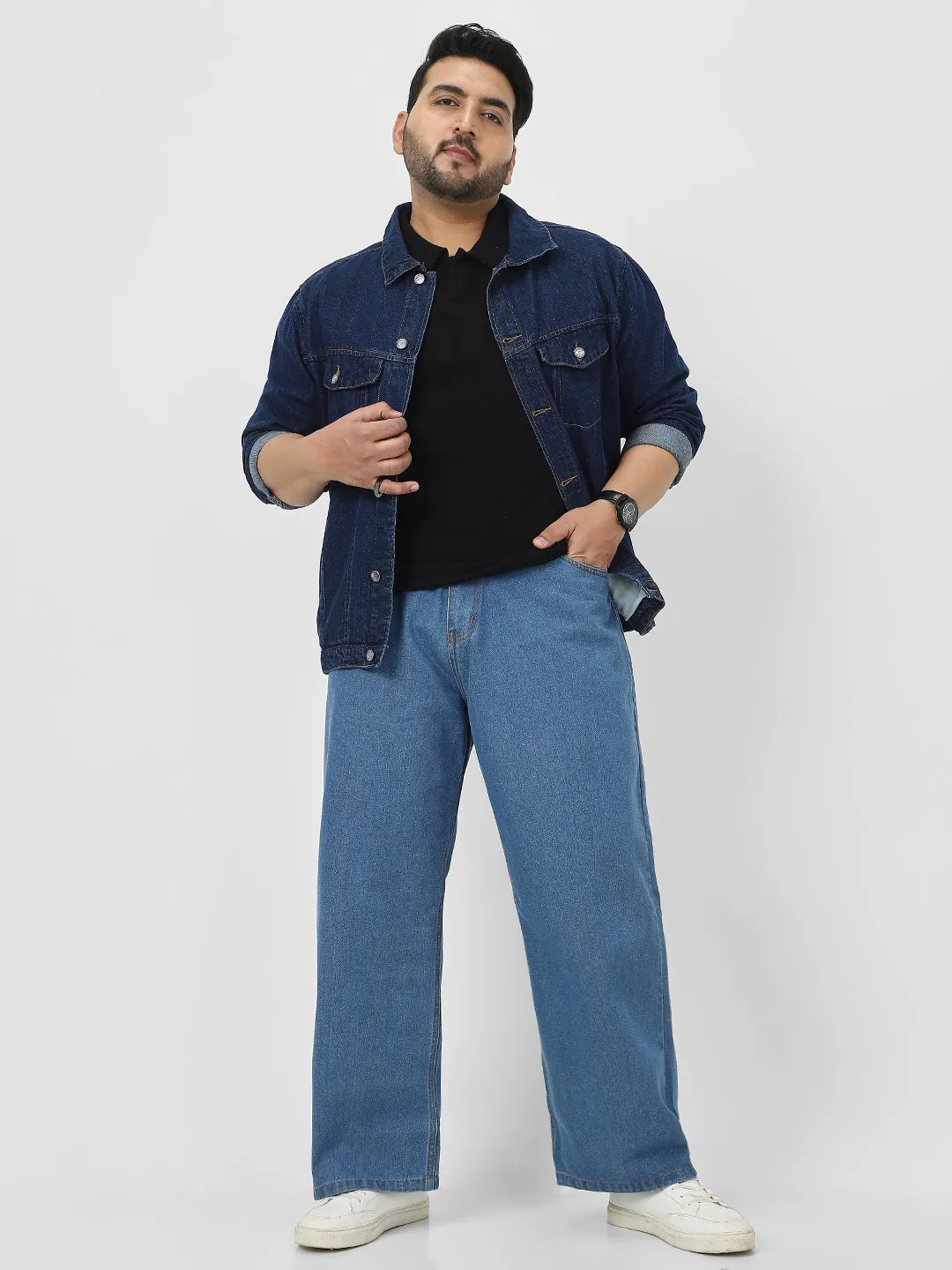 Plus Men's Light Blue Loose Baggy Fit Washed Jeans Non-Stretchable