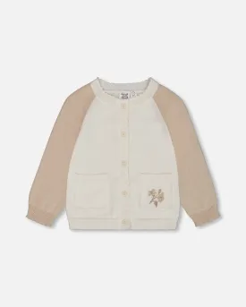 Raglan Sleeve Cardigan Sweater With Embroidery Cream And Beige