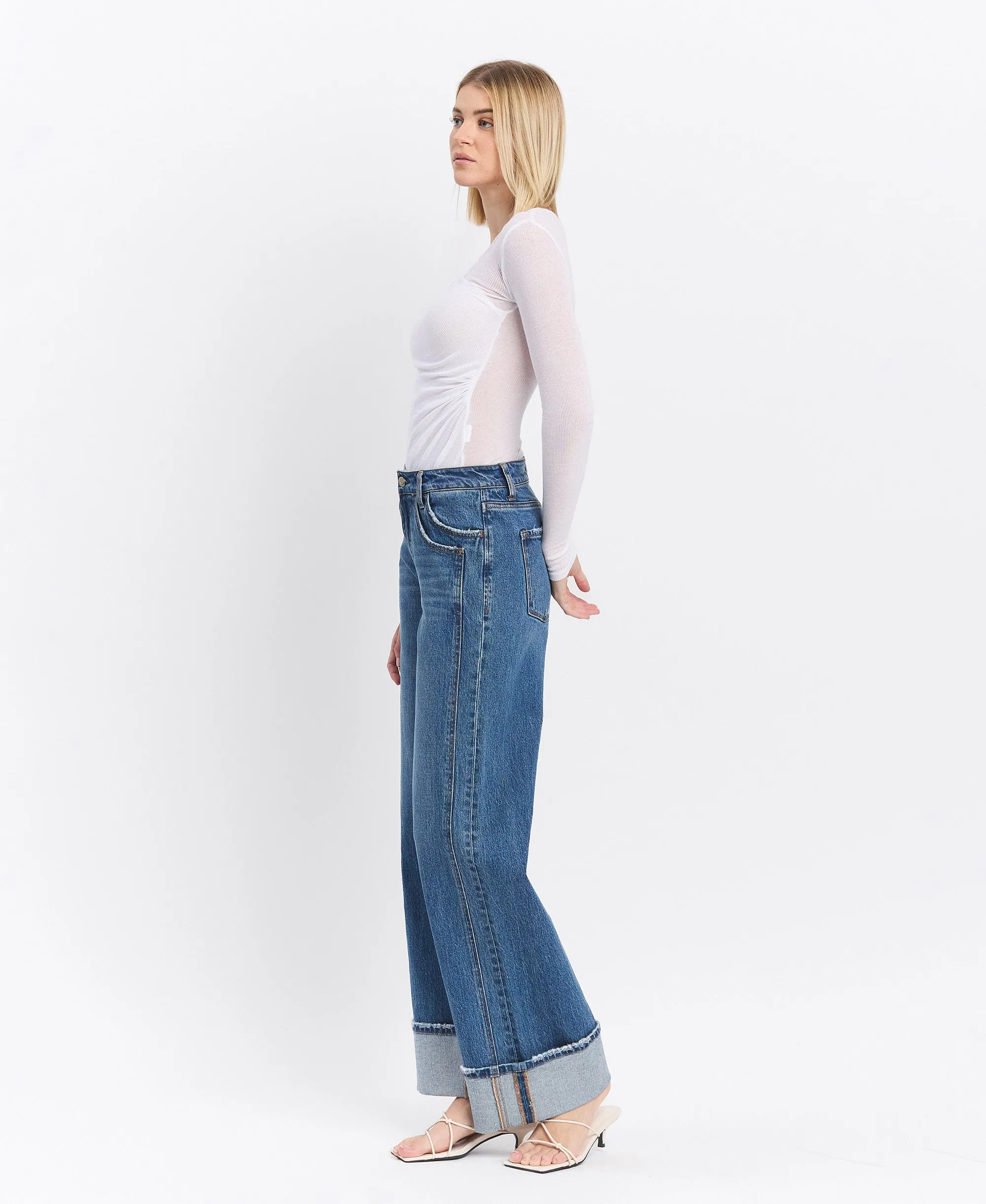 Shine - High Rise Cuffed Panel Baggy Wide Leg Jeans