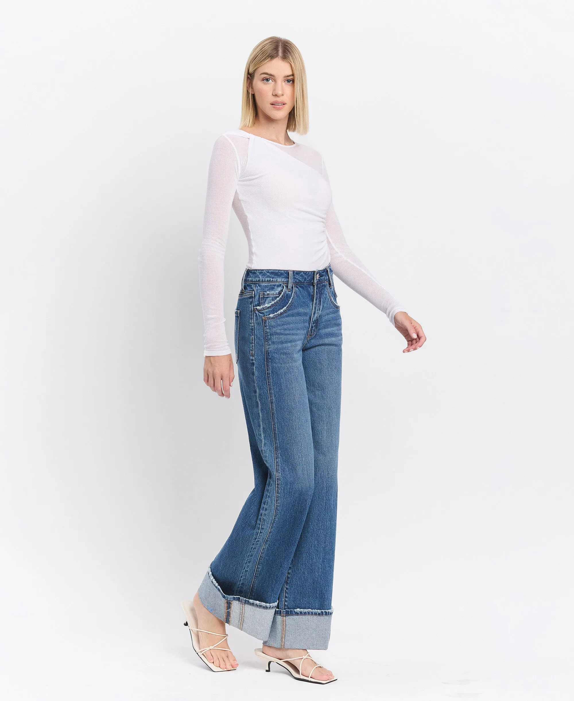 Shine - High Rise Cuffed Panel Baggy Wide Leg Jeans