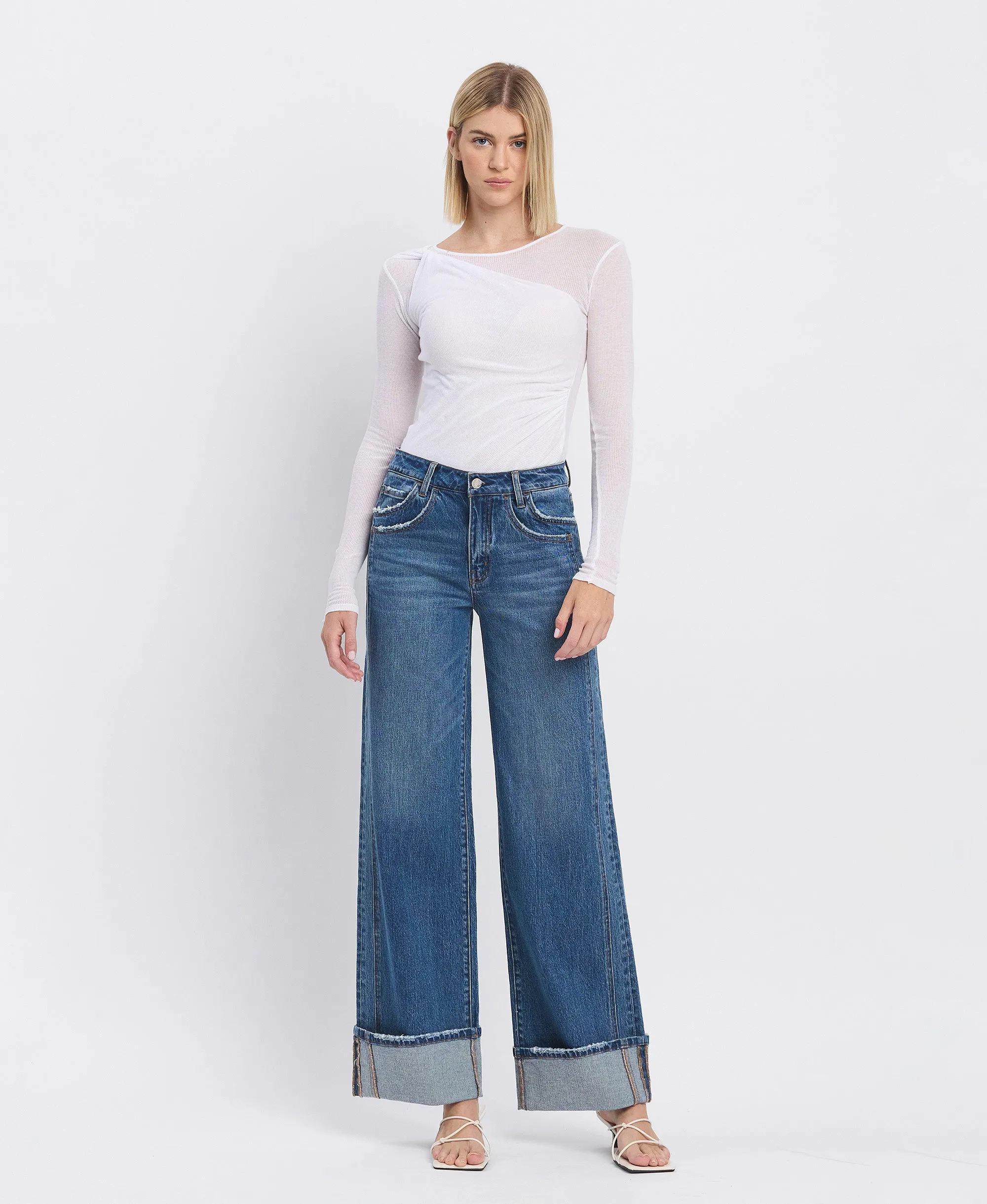 Shine - High Rise Cuffed Panel Baggy Wide Leg Jeans