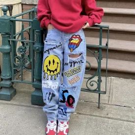 Smile Face Print European and American Style Loose-Fit Ripped Jeans for Women, Street Skater Pants, Cross-Border INS Style