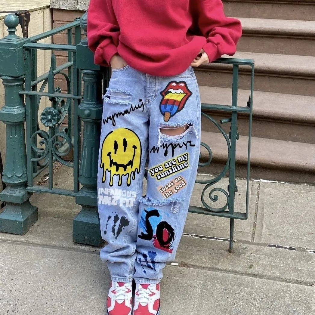 Smile Face Print European and American Style Loose-Fit Ripped Jeans for Women, Street Skater Pants, Cross-Border INS Style