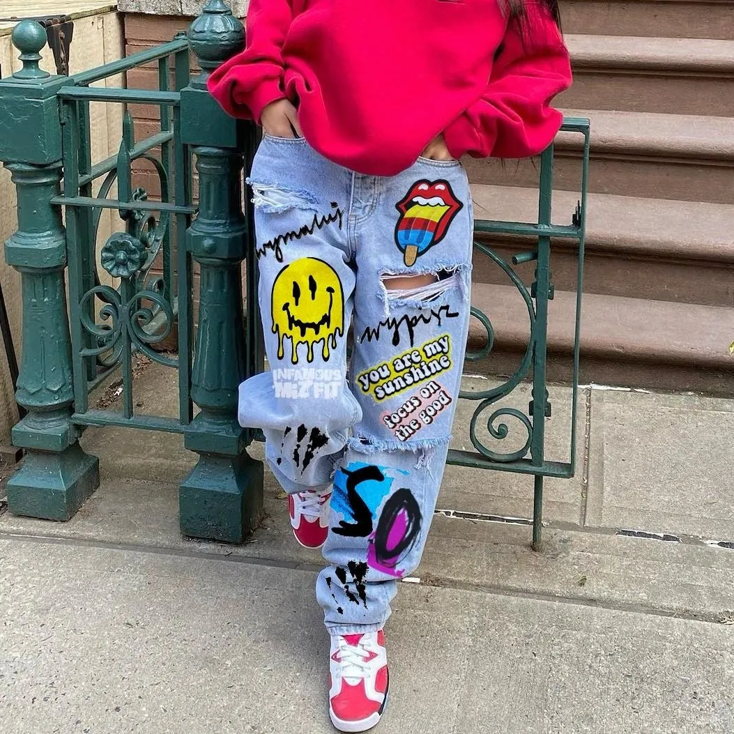 Smile Face Print European and American Style Loose-Fit Ripped Jeans for Women, Street Skater Pants, Cross-Border INS Style