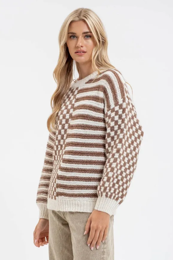 Stripe and Checkered Crewneck Knit Sweater MOCHA