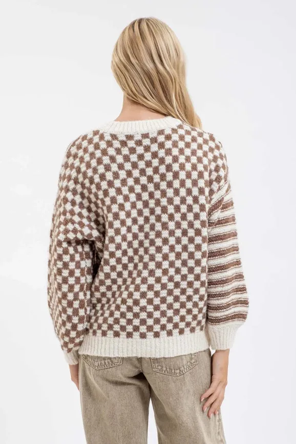 Stripe and Checkered Crewneck Knit Sweater MOCHA