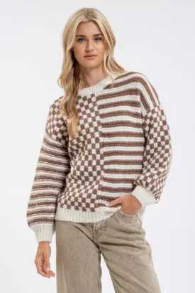 Stripe and Checkered Crewneck Knit Sweater MOCHA