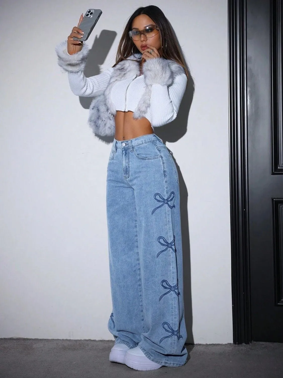 Vintage American Butterfly Print High-Waisted Slimming Loose-Fit Wide-Leg Straight-Leg Denim Jeans with Waist Cinch